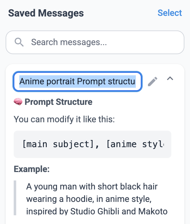 Saved ChatGPT message panel with tags and notes for organizing ChatGPT conversations.