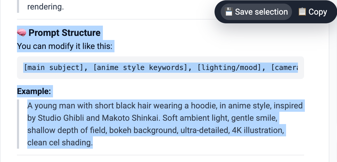 Screenshot showing how to bookmark ChatGPT messages using the Save Selection feature.
